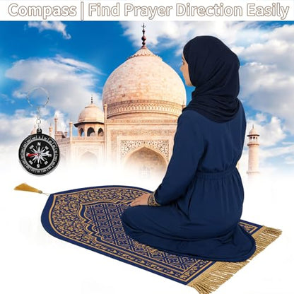Prayer Mat Ramadan Gifts - Blue Prayer Rug Islamic Praying Tasbih Beads Compass, Muslim Praying Carpet for Men Women Eid Salah Meditation Namaz, Gifts for Eid Ramadan - color: Blue