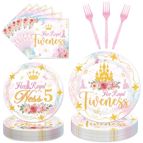 96Pcs Princess 5th Birthday Decorations Tableware Set Her Royal Fiveness Birthday Paper Plates Napkins Forks Princess 5 Year Old Bday Theme Party Supplies Serve 24 Guests - color: Pink