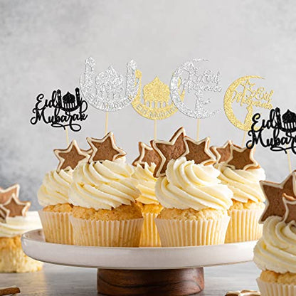 24 Pack Cupcake Toppers - Moon Star Happy Eid Mubarak Cupcake Picks - Islamic Muslim Theme - Ramadan Kareem Eid Party Cake Decorations - color: Gold-2