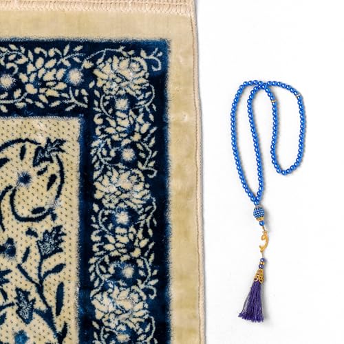 Velvet Muslim Prayer Rug Set with 99 Beads - Blue - color: Blue
