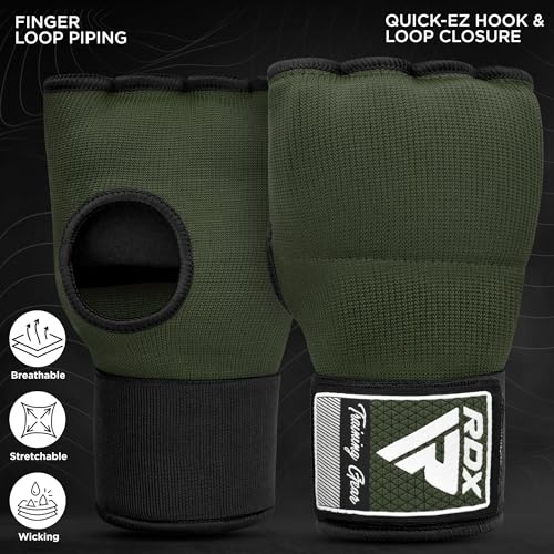 RDX Gel Boxing Hand Wraps Inner Gloves Men Women, Quick 100cm Long Wrist Straps, Elasticated Padded Fist Under Mitts Protection, Muay Thai MMA Kickboxing Martial Arts - color: Army Green, size: X-Large