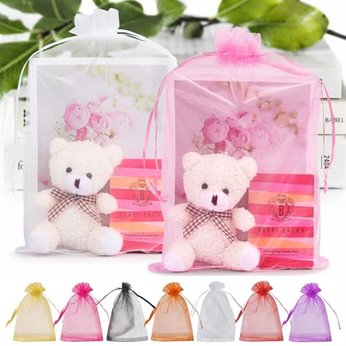 ANZNKU 100 Pcs Large Organza Bags 8x12, Small Mesh Gift Bag Drawstring Bulk - color: Mixed Color