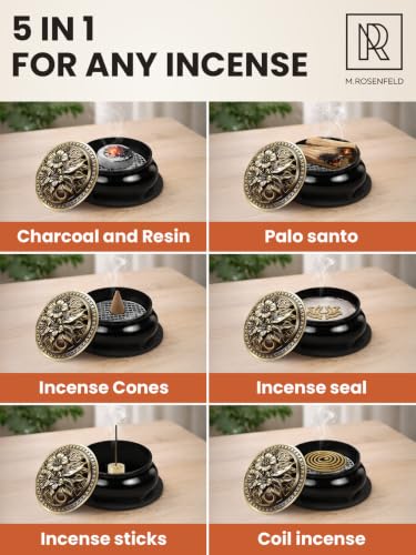 Frankincense Burner for Resin & Bakhoor – Glazed Black Ceramic Charcoal Incense Burner with Lid, Stainless Steel Mesh and Heat-Resistant Cotton Lining, Gothic Altar Censer - color: Black Single