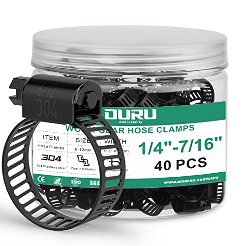 OURU 40PCS Black Hose Clamp Stainless Steel Adjustable 1/4"-7/16"(6-12mm) | Heavy Duty, Rust Resistant, Worm Gear Small Hose Clamp， Automotive, Pipe, Radiator Plumbing, Fuel Line - size: 40PCS (1/4" - 7/16")