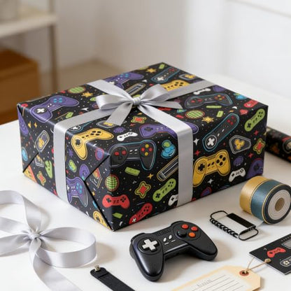 Cuitpan Gaming Wrapping Paper - 4 Jumbo Sheets, 28 * 40 Inches, Video Game Console and Black Starry Sky Design, for Boys Birthday, Gaming Party & Holiday Gifts - color: Black-Gaming