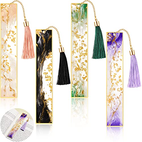 Gersoniel 4 Pieces Resin Bookmarks Handmade Resin Gilt Bookmarks with Tassels Presents for Women Kids Students Teachers and Book Lovers School Home Reading(Bright Color) - color: Bright Color
