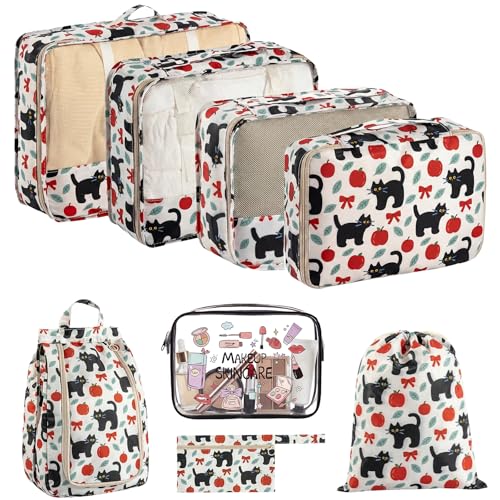 8 Set Packing Cubes for Travel with Clear Toiletry Bag, Durable Luggage Packing Organizers, Carry-On Accessories, TSA Approved See-Through Cubes, Space-Saving Storage Bags, Gifts for Women - color: Red Apple Cat