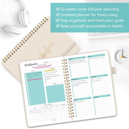 Taja Undated Weekly Planner, Weekly To Do List Notebook with Goal & Habit Tracker Organizer, A5 Weekly Planner Notebook with Spiral Binding, 6.1" x 8.2" - Beige - color: v.Beige