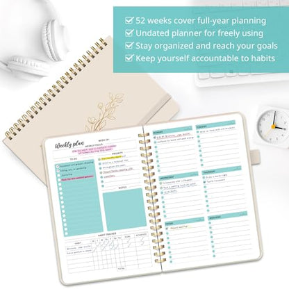 Taja Undated Weekly Planner, Weekly To Do List Notebook with Goal & Habit Tracker Organizer, A5 Weekly Planner Notebook with Spiral Binding, 6.1" x 8.2" - Beige - color: v.Beige
