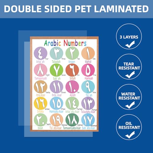 Arabic Alphabet, Numbers 1-20 Poster for Classroom Wall, Laminated, 12”x16”,2 Pack, Visual Learning Educational Learning Wall Chart for Kids, Classrooms, Home School Décor, Back to School Supplies