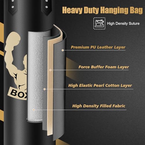 Filled Punching Bag for Adults, 4FT PU Leather Hanging Bag with 11lb Sponge Filler, Come with 12OZ Gloves, Heavy Bag Boxing Equipment for Training Karate Kickboxing Home Gym