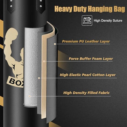 Filled Punching Bag for Adults, 4FT PU Leather Hanging Bag with 11lb Sponge Filler, Come with 12OZ Gloves, Heavy Bag Boxing Equipment for Training Karate Kickboxing Home Gym