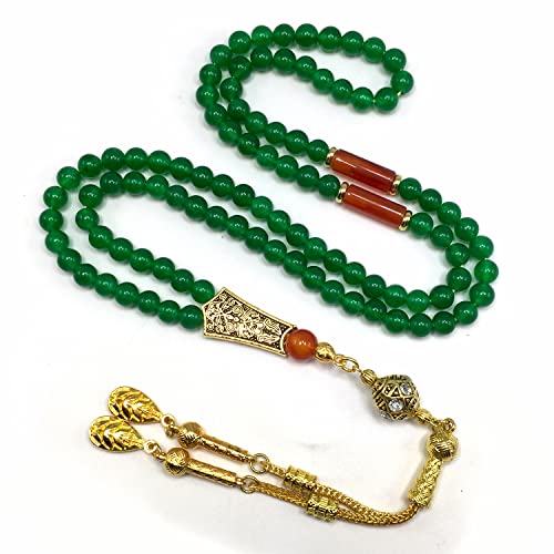 Special Prayer Beads Series -99 beads- Tesbih Tasbih Tasbeeh Misbaha Masbaha Subha Sebha Sibha (GREEN JADE NATURAL STONE & GOLD TASSEL -6 mm 99 small beads-) - color: GREEN JADE NATURAL STONE & GOLD TASSEL -6 mm 99 small beads-