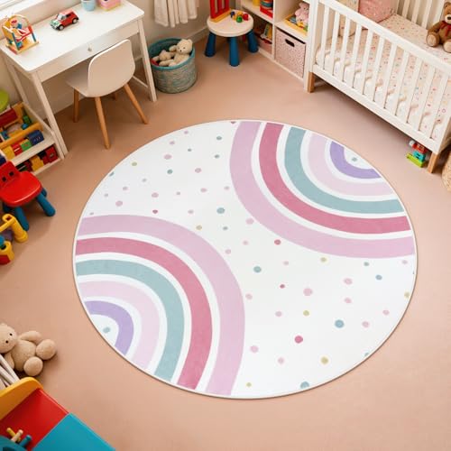 STARUIA Pink Round Rug for Girls, 5 Ft Rainbow Kids Rug for Nursery, Colorful Washable Rugs for Bedroom, Non-Slip Circle Time Rugs Soft Polka Carpet for Kids Room Princess Castle - color: Pink, size: 5' x 5' (Round)