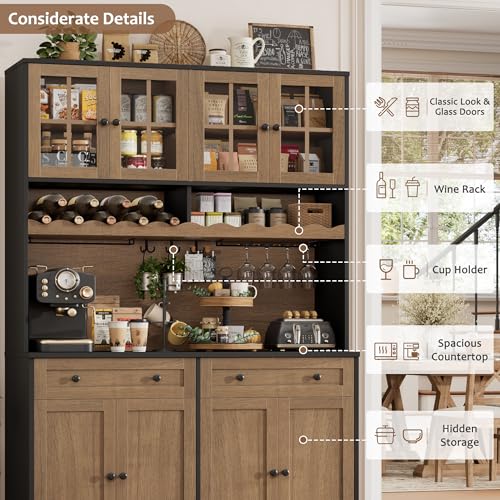 HOSTACK 75" Kitchen Pantry Storage Cabinet, Coffee Bar Hutch Cabinet, Brown | Tall Pantry Cabinet with Charging Station / Wide Countertop / Glass Doors / Wine Rack / Cup Holder / Drawers, Dining Room - color: Black/Brown
