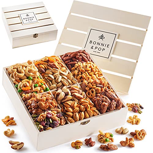 Nut Gift Basket | Healthy Gift of Assorted Nuts in Reusable Wood Crate | Large Variety Tray with Unique Flavors |Fathers Day, Parties, Holidays, Birthday, Sympathy, Office, Thank You, Him, Her | Bonnie & Pop - style: Deluxe