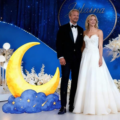 Large Crescent Moon Cardboard Cutout Decorations 3.3 Ft Moon Stand Up Backdrop Blue Gold Starry Night Party Photo Props for Birthday Wedding Eid Mubarak Homecoming Movie Night Baby Shower