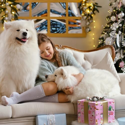 Cuitpan Pink Dog Christmas Wrapping Paper - Xmas Gift Wrap with Christmas Trees, Dog Breeds, Paw Prints & Snowflakes Design- Perfect for Kids & Adults Gift Wrapping - 40×28 Inches, 4 Folded Sheets - color: Pink-Christmas