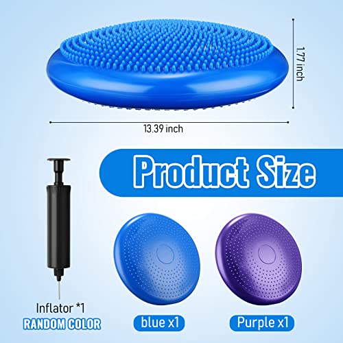 Outus 2 Pcs Balance Disc Inflated Wobble Cushion for Sensory Kids 13. 4 Inch Wiggle Seat Flexible Seating with Hand Pump for Kids Men Women Classroom Exercise Office Home Chair - color: Blue,Purple