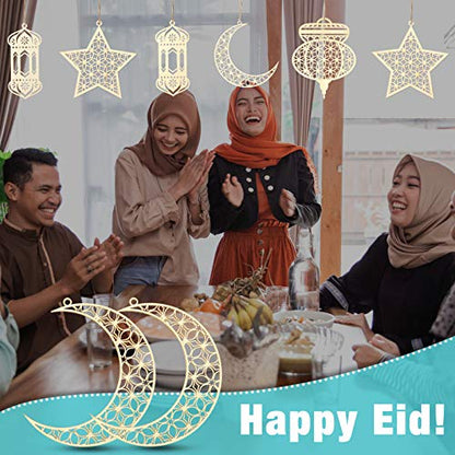 9 Pieces Wooden Pendant Ornament Ramadan Kareem Hollow Decoration Moon Star Wind Light Shape Pendant Ornament Happy Eid Hanging Sign for Ramadan Mubarak Eid Party Decorations