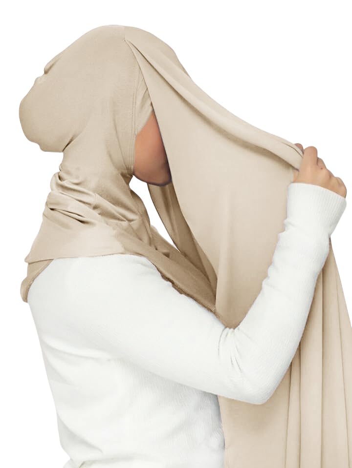 Lina & Lily Flowy Chiffon Instant Hijab Scarf Attached Jersey Ninja Undercap Full Coverage for Muslim Women - color: Beige