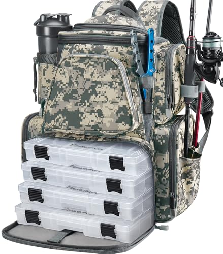 Piscifun Fishing Tackle Backpack with 2 Rod Holders, 4 Boxes & Rain Cover | Multi-pocket storage, fits 3600/3700 trays, bottle holder, padded straps for bank fishing - color: Digital Camouflage