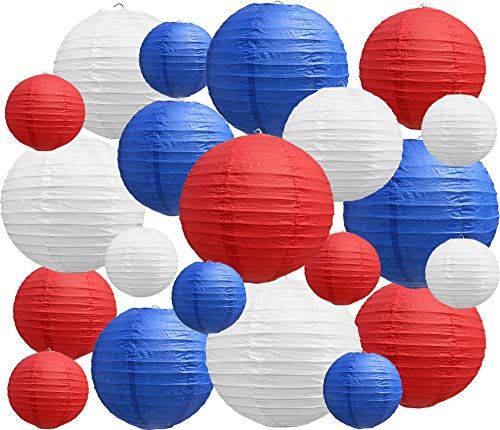 BEISHIDA 21 Pcs Red Blue White Round Paper Lanterns Decorative Hanging Asia Chinese Japanese Paper Lanterns Lamp for Birthday Wedding Baby Bridal Shower Home Decor Party Decoration - color: Red Blue White, size: 4、6、8、10、12 Inch
