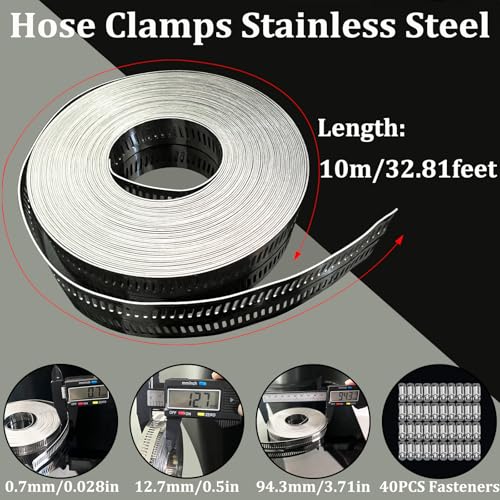 Hose Clamps Stainless Steel, Hose Clamp Assortment Kit, 32.81FT DIY Large Adjustable Worm Gear Metal Clamps Fuel Line Clamp with 40 Fasteners for Plumbing, Water Pipe, Radiator, Automotive, Mechanical - size: 2 Set - 10 m Metal Strap + 40 Fasteners