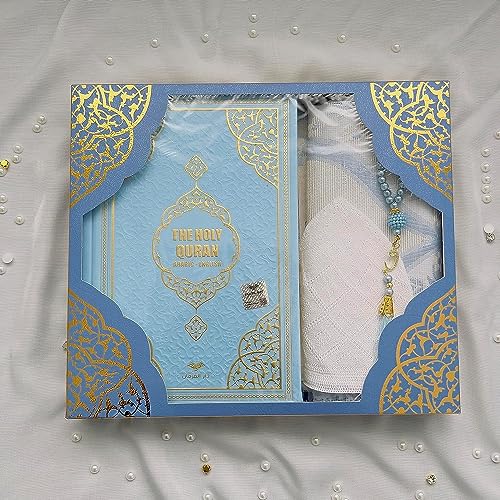 Decoret English Translate Thermo Leather Covered Quran, Tafta Prayer Mat and Breads Set |Quran Size:8x5.5x1.2 İnch / 20x14x3cm | Great Ramadan Gifts for Muslim Men and Women Gift(Blue, 1 Sets) - color: Blue, size: 1 Sets