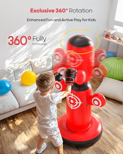 QPAU 360° Rotatable Punching Bag for Kids, Lager 64” Kids Punching Bag with Gloves, Hand Pump & 6 Targets, Bop Bag Inflatable Punching Toy, Karate Gifts for Boys, Girls - color: Red