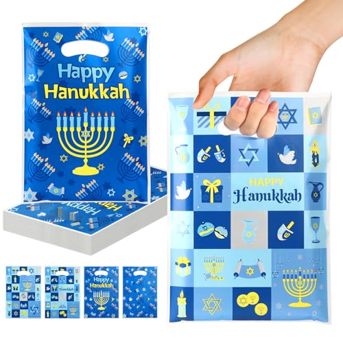 vueuKiGE Hanukkah Gift Bags, 50 PCS Hanukkah Treat Bags with Handles, 7x9.8 Inch Plastic Chanukah Gift Goodie Candy Cookie Bag Jewish Themed Party Favor Bag for Hanukkahs Party Decorations Supplies - color: Hanukkah, size: 1 Count (Pack of 50)