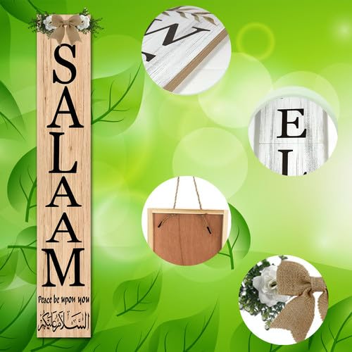 Salaam Weclome Sign for Front Door Peace Be Upon You Islamic Home Decor 8x48inch Vertical Wooden Eid Door Hanger for Muslim Islamic Wedding Gift