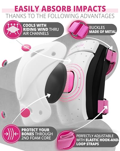 SKATEWIZ Knee and Elbow Pads Adult - Skating Protective Gear - PROTECT-1 - Size L Pink White - Wrist Guards Skating Pads, Skateboard, Roller Skate, Ice Skates For Women - color: Pink-White, size: L - Teens and Adults