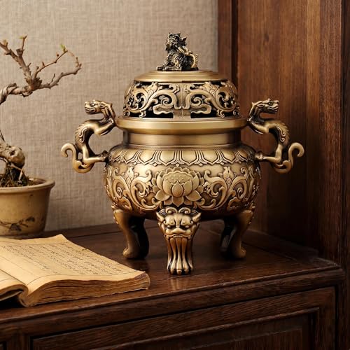 Solid Brass Chinese Incense Burner, Antique Censer, 670g, 2.76in Opening | Feng shui incense burner, Fu Lion Foo Dog lid, altar, home shrine, meditation corner, office desk, brings harmony and peace