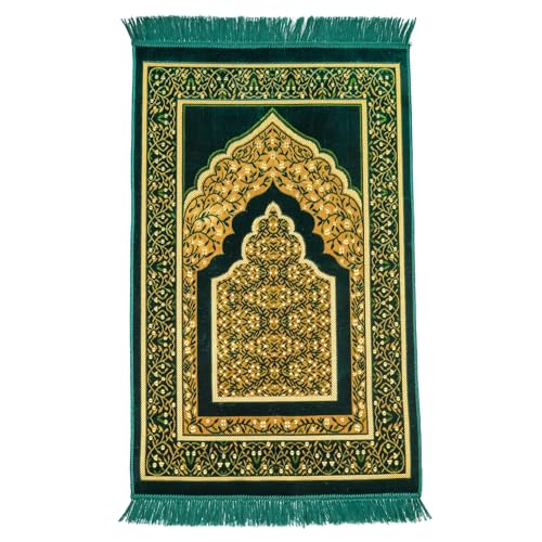 Muslim Prayer Rug, Soft Plush Thin Islamic Prayer Mat, Janamaz, Sajada, Praying Carpet, Islamic Gift for Men & Women, Islamic Mat, DarkGreen, Eid & Ramadan Gift with Prayer Beads, 26x43 inch - color: Darkgreen-sacred