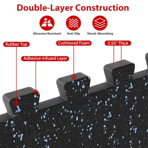 Giantex 24-Pack Interlocking Rubber Gym Floor Mats, 0.55' Thick 24''x24'' Puzzle Tiles with Border Strips, 96 sq.ft Anti-Slip, Noise-Reducing Flooring for Home Workout Exercise (Black/Blue Speckled) - size: 0.55'' | 24 Tiles | 96 Sq Ft