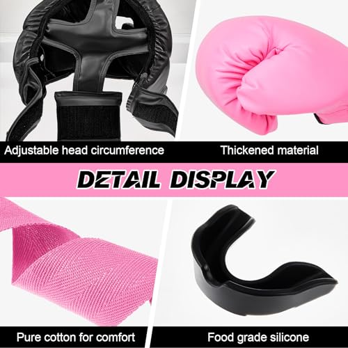 Kanayu 14 Pcs Boxing Gloves and Headgear Set for Beginners Youth 16 Ounce Boxing Gloves Headgear Helmet Hand Wraps Mouth Guards Equipment for Beginners Training Equipment Gifts - color: Black, Pink