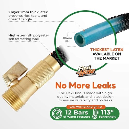 Flexi Hose with 8 Function Nozzle, 25FT - Lightweight Expandable Garden Hose, No-Kink Flexibility, 3/4 Inch Solid Brass Fittings and Double Latex Core - size: 25ft