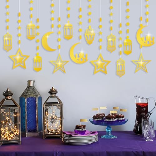 16pcs Ramadan Decorations Gold Star Moon Lantern Garland Pre-Assembled Shining Hanging Ramadan Mubarak Eid Decorations Banner Streamer for Eid Mubarak Decor Home Party Supplies