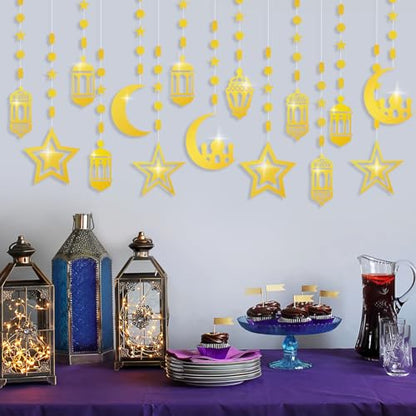 16pcs Ramadan Decorations Gold Star Moon Lantern Garland Pre-Assembled Shining Hanging Ramadan Mubarak Eid Decorations Banner Streamer for Eid Mubarak Decor Home Party Supplies