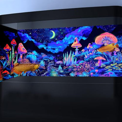 72X16IN Blacklight Mushroom Flower Black Light Aquarium Background, UV Fish Tank Background Moonlight Mountain Forest Landscape Terrarium Background with 10 EVA Double-Sided Tape - size: 72X16in/180X40cm