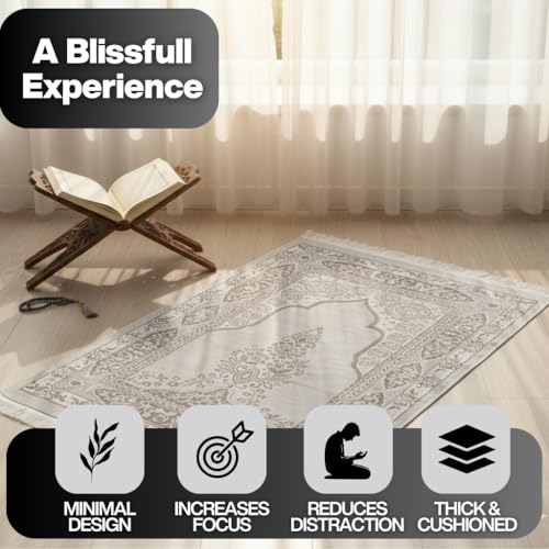 Muslim Prayer Rug with Islam Prayer Beads - Travel Prayer Mat, Islamic Gifts for Women, Portable Prayer Matt Islam, Islamic Prayer Rug Islam Men Women, Praying Mat for Muslim Gifts, Gray - color: Grey
