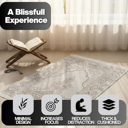 Muslim Prayer Rug with Islam Prayer Beads - Travel Prayer Mat, Islamic Gifts for Women, Portable Prayer Matt Islam, Islamic Prayer Rug Islam Men Women, Praying Mat for Muslim Gifts, Gray - color: Grey