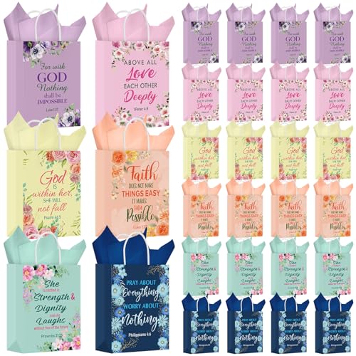 Resholder 30 Pcs Floral Christian Gift Bags with Tissue Papers Religious Bible Verse Paper Bags with Handles Inspirational Flower Treat Pouches Church Gifts for Spring Wedding Baptism Birthday Party - style: Floral Christian