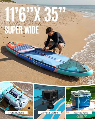 ZLX 11'6"x35" Ultra Wide Inflatable Stand Up Paddle Board | Stable Non-Slip Deck Pad, Unique Fin System, Premium SUP Accessories & Backpack - Upgraded Pump for Adults, All Skill Levels - color: Teal Blue
