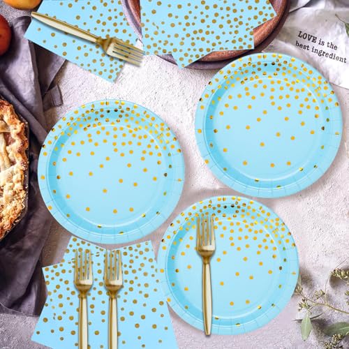 150 PCS Blue and Gold Paper Plates Napkins Forks Party Supplies Serves 50, Golden Dot Disposable Paper Dinnerware 9" Plates for Birthday, Baby Shower, Boy Birthday - color: Blue Gold (Serves 50)