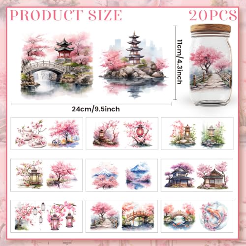 20 Pcs Oriental Courtyard UV DTF Cup Wraps, 4.3 x 9.4 Inch Cherry Blossom UV DTF Transfer Stickers Flower Waterproof Rub on Transfer Decals for 16OZ Glass Bottle Vase Furniture Crafts - style: Oriental Courtyard