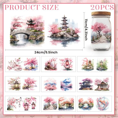 20 Pcs Oriental Courtyard UV DTF Cup Wraps, 4.3 x 9.4 Inch Cherry Blossom UV DTF Transfer Stickers Flower Waterproof Rub on Transfer Decals for 16OZ Glass Bottle Vase Furniture Crafts - style: Oriental Courtyard