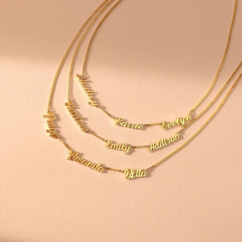 Ajiangwu 18K Gold Plated Name Necklace Personalized,Multiple Custom Name Necklace Family Necklace with Kids Names Customized Choker Necklace for Women - color: 2 Names with Curb Chain