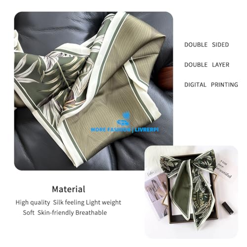 Silk Feeling Head Scarf Fashion Satin Hair Scarf Square Long Scarves for Women Gifts - color: 02 Green Plant Leaf /5.12 X 59 Inch